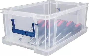 Een Bankers Box opbergdoos 10 liter, transparant met blauwe handvaten, set van 4 stuks verpakt in carton koop je bij ShopXPress