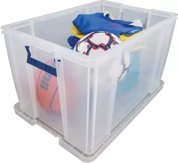 Een Bankers Box opbergdoos 85 liter, transparant met blauwe handvaten, per stuk verpakt in karton koop je bij ShopXPress