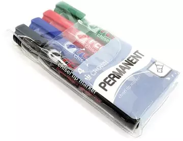 Een Crown permanent marker, schuine punt, schrijfbreedte 1 - 3 mm, etui van 4 stuks koop je bij ShopXPress