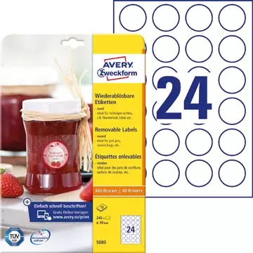 Een Avery Zweckform ronde etiketten, diameter 40 mm, wit, afneembaar, 240 etiketten, 10 vellen koop je bij ShopXPress