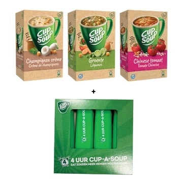 Een ACTIE CUP-A-SOUP: 1 x champignon crème + 1 x groenten + 1 x Chinese tomaat + GRATIS markeerstift, 4 stuks koop je bij ShopXPress