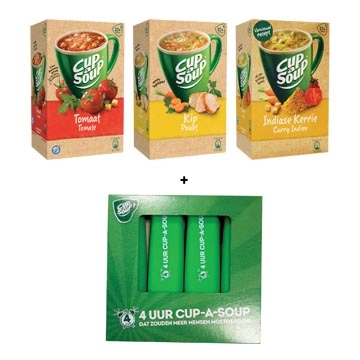 Een ACTIE CUP-A-SOUP: 1 x tomaat + 1 x kip + 1 x Indiase kerrie + GRATIS markeerstift, 4 stuks koop je bij ShopXPress