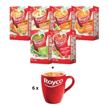 Een ACTIE Royco: pompoen + erwt-ham + tomaat gr. vermicelli + gevogelte + asperges + curry + GRATIS 6 mokken koop je bij ShopXPress