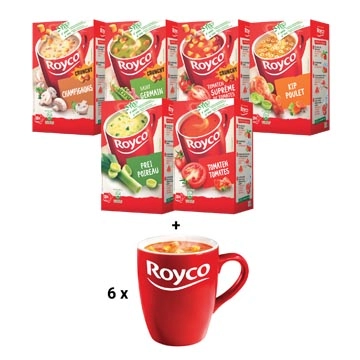 Een ACTIE Royco: prei + tomaat + champignon + st-Germain + tomaat croutons + kip + GRATIS 6 mokken koop je bij ShopXPress