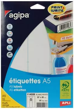 Een Agipa witte etiketten Print & Write ft 97 x 46 mm (b x h), 96 stuks, 6 per blad koop je bij ShopXPress