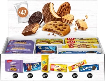 Een Assortiment koeken van Milka, Oreo en Lu, doos van 47 stuks, mix koop je bij ShopXPress