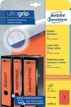 Een Avery Zweckform L4752-20 ordnerrugetiketten ft 29,7 x 6,1 cm (b x h), 60 etiketten, rood koop je bij ShopXPress