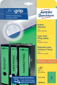 Een Avery Zweckform L4754-20 ordnerrugetiketten ft 29,7 x 6,1 cm (b x h), 60 etiketten, groen koop je bij ShopXPress