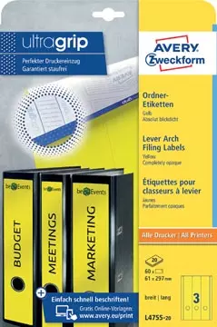 Een Avery Zweckform L4755-20 ordnerrugetiketten ft 29,7 x 6,1 cm (b x h), 60 etiketten, geel koop je bij ShopXPress