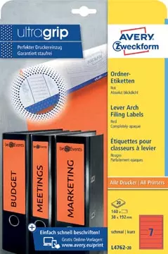 Een Avery Zweckform L4762-20 ordnerrugetiketten ft 19,2 x 3,8 cm (b x h), 140 etiketten, rood koop je bij ShopXPress