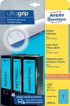 Een Avery Zweckform L4763-20 ordnerrugetiketten ft 19,2 x 3,8 cm (b x h), 140 etiketten, blauw koop je bij ShopXPress