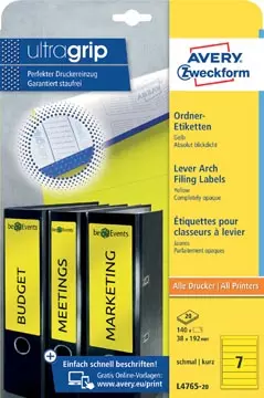 Een Avery Zweckform L4765-20 ordnerrugetiketten ft 19,2 x 3,8 cm (b x h), 140 etiketten, geel koop je bij ShopXPress