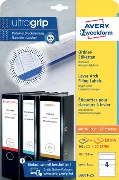 Een Avery Zweckform L6061-25 ordnerrugetiketten ft 19,2 x 5,9 cm (b x h), 120 etiketten, wit koop je bij ShopXPress