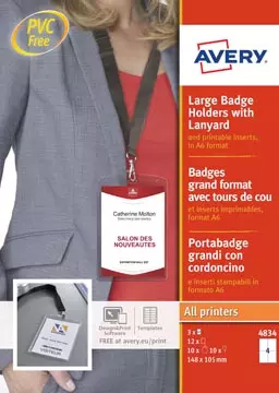 Een Avery grote badge met lanyard zwart, inclusief inserts, doos van 10 stuks koop je bij ShopXPress