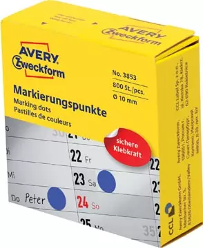 Een Avery marking dots, diameter 10 mm, rol met 800 stuks, blauw koop je bij ShopXPress