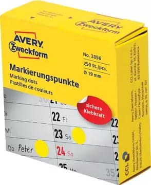 Een Avery marking dots, diameter 19 mm, rol met 250 stuks, geel koop je bij ShopXPress