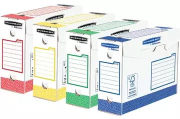 Een Bankers Box basic archiefdoos heavy duty, ft 9,5 x 24,5 x 33 cm, geassorteerde kleuren, pak van 8 stuks koop je bij ShopXPress