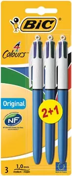 Een Bic Colours Original 4-kleurenbalpen, medium, klassieke inktkleuren, blauw, op blister 2+1 gratis koop je bij ShopXPress