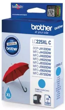 Een Brother inktcartridge, 1.200 pagina's, OEM LC-225XLC, cyaan koop je bij ShopXPress