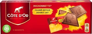 Een Côte d'Or Mignonnettes chocolade, praliné, 10 g, doos van 21 stuks, apart verpakt koop je bij ShopXPress