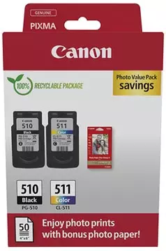 Een Canon inktcartridge PG-510 en CL-511, 220 pagina's, OEM 2970B017, 4 kleuren koop je bij ShopXPress