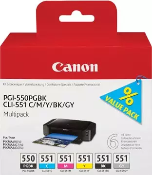 Een Canon inktcartridge PGI-550PGBK+CLI-551, OEM 6496B005, zwart, pigment zwart, cyaan, magenta, geel, grijs koop je bij ShopXPress