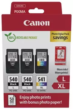 Een Canon photo value pack 2 x PG-540L + 1 x CL-541XL, 300 - 400 pagina's, OEM 5224B015, 4 kleuren koop je bij ShopXPress