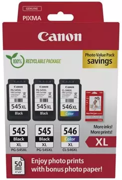 Een Canon photo value pack 2 x PG-545XL + 1 x CL-546XL, 300 - 400 pagina's, OEM 8286B015, 4 kleuren koop je bij ShopXPress