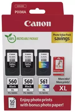 Een Canon photo value pack 2 x PG-560XL + 1 x CL-561XL, 300 - 400 pagina's, OEM 3712C012, 4 kleuren koop je bij ShopXPress