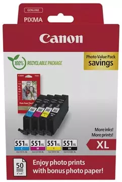 Een Canon photo value pack CLI-551XL, 660 pagina's, OEM 6443B008, 4 kleuren koop je bij ShopXPress