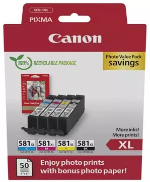 Een Canon photo value pack CLI-581 XL, 170 - 520 foto's, OEM 2052C006, 4 kleuren koop je bij ShopXPress