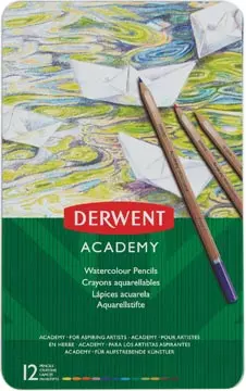 Een Derwent aquarelpotlood Academy , blik van 12 stuks in geassorteerde kleuren koop je bij ShopXPress