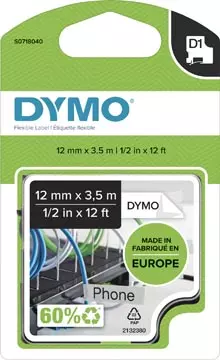 Een Dymo D1 flexibele nylontape 12 mm, zwart op wit koop je bij ShopXPress