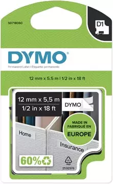 Een Dymo D1 permanente polyestertape 12 mm, zwart op wit koop je bij ShopXPress