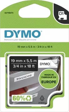 Een Dymo D1 permanente polyestertape 19 mm, zwart op wit koop je bij ShopXPress