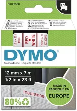 Een Dymo D1 tape 12 mm, rood op wit koop je bij ShopXPress