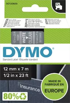 Een Dymo D1 tape 12 mm, wit op transparant koop je bij ShopXPress