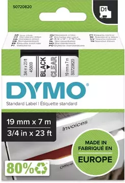 Een Dymo D1 tape 19 mm, zwart op transparant koop je bij ShopXPress