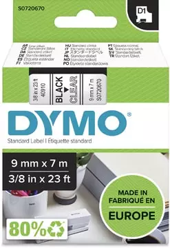 Een Dymo D1 tape 9 mm, zwart op transparant koop je bij ShopXPress