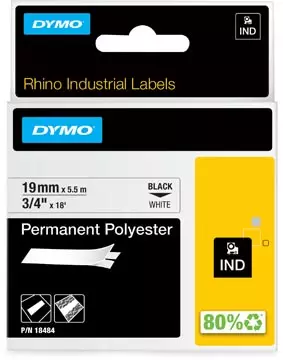 Een Dymo RHINO permanente polyester tape 19 mm, zwart op wit koop je bij ShopXPress