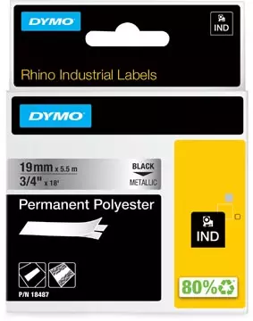 Een Dymo RHINO tape permanent polyester 19 mm, zwart op metaal koop je bij ShopXPress