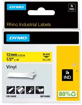 Een Dymo RHINO vinyltape 12 mm, zwart op geel koop je bij ShopXPress