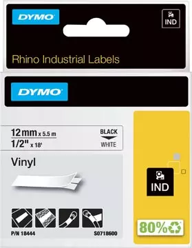 Een Dymo RHINO vinyltape 12 mm, zwart op wit koop je bij ShopXPress