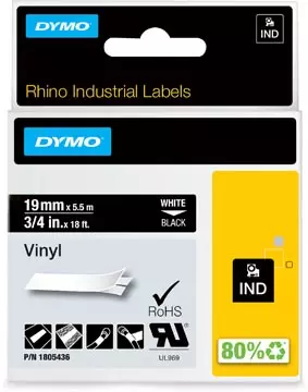 Een Dymo RHINO vinyltape 19 mm, wit op zwart koop je bij ShopXPress