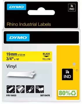 Een Dymo RHINO vinyltape 19 mm x 5,5 m, zwart op geel koop je bij ShopXPress