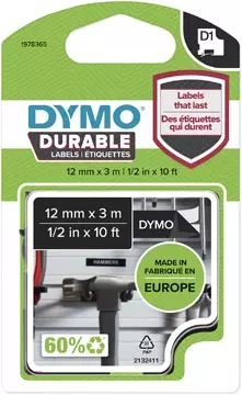 Een Dymo duurzame D1 tape 12 mm x 3 m, wit op zwart koop je bij ShopXPress