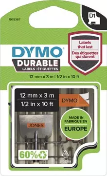 Een Dymo duurzame D1 tape 12 mm x 3, zwart op oranje koop je bij ShopXPress