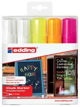 Een Edding krijtmarker e-4090 schuine punt etui van 5 stuks: 2 x wit, 1 x geel, 1 x oranje en 1 x roze koop je bij ShopXPress