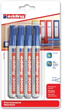 Een Edding permanent marker 3000, blauw, blister met 4 stuks koop je bij ShopXPress