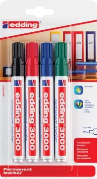 Een Edding permanent marker 3000, blister van 4 stuks in geassorteerde kleuren koop je bij ShopXPress